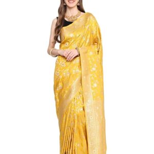 Banarasi butidar Luxurious Bright sun/orange yellow flower design with maze border
