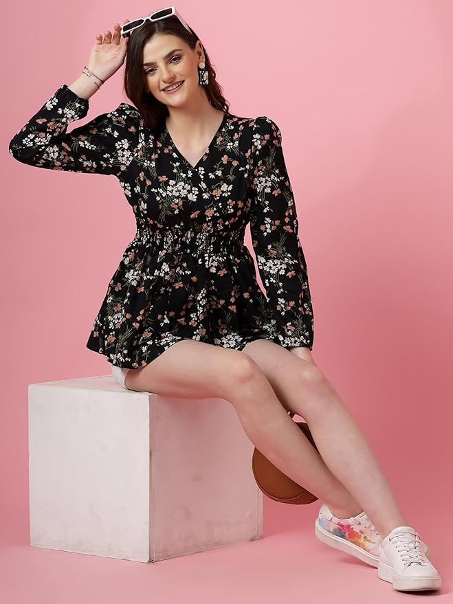 Women's Casual Puff Sleeves Floral Print Peplum Top - Image 2