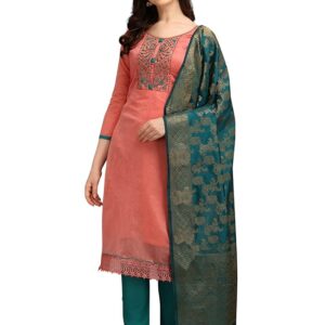 Women’s Chanderi Cotton Hand Embroidered Work Unstitched Salwar Suit Material With Banarasi Dupatta