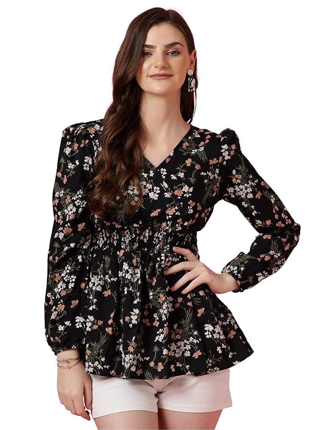 Women's Casual Puff Sleeves Floral Print Peplum Top