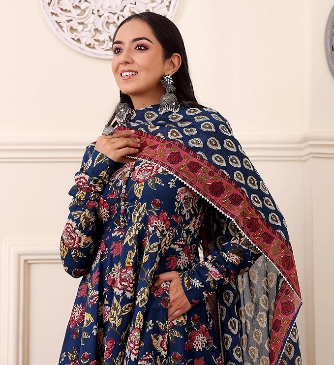 Women Printed Anarkali Kurta and Pant with Dupatta - Image 2