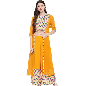 Women’s Yellow Poly Crepe Chevron/Zig Zag Crop Top with Palazzo and Jacket